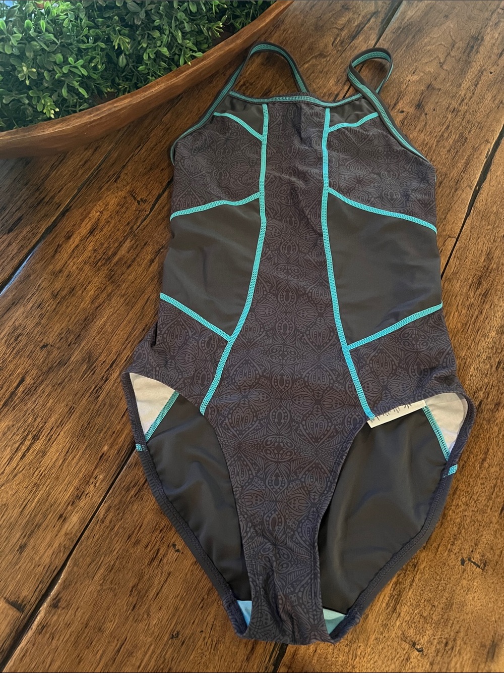 Athleta Gray with blue Trim One Piece Swimsuit.  Size Small